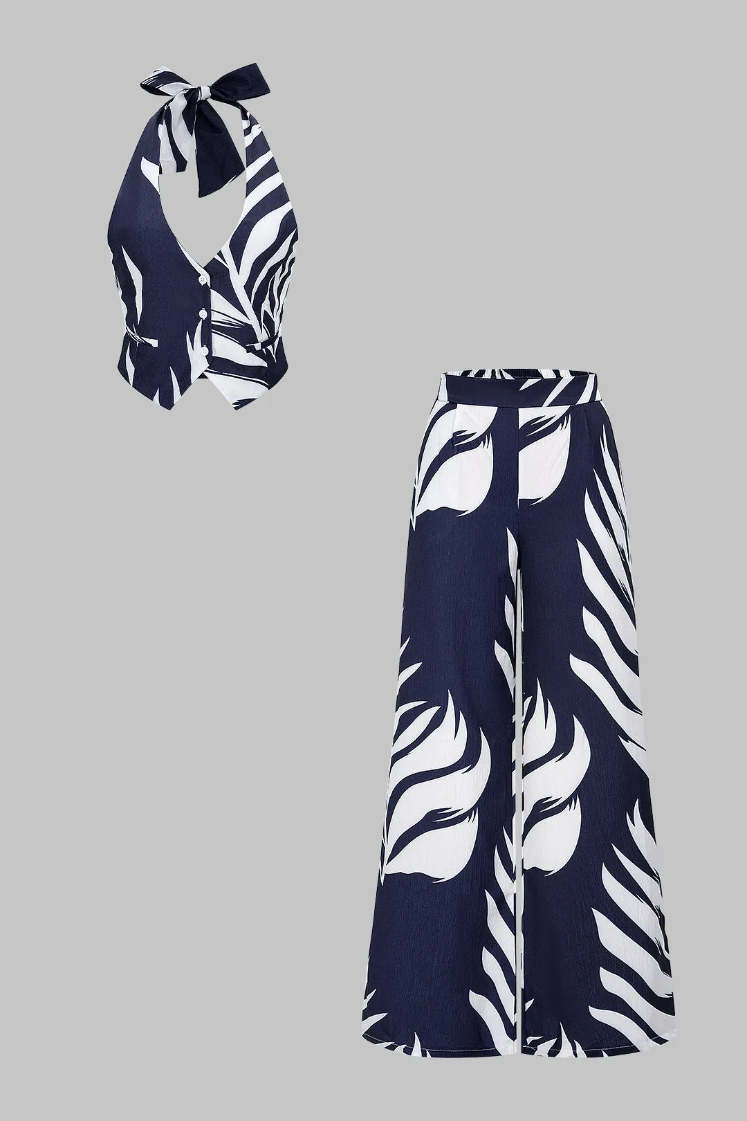 Contrast Leaves Print Halter V-Neck Tie-Up Top And Wide Leg Pants Set sold by Micas