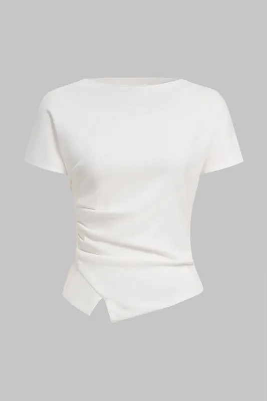 Solid Round Neck Asymmetrical Ruched Short Sleeve T-Shirt made by Micas