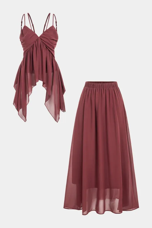 V-Neck Ruched Zipper Cami Top And Shiirred Waistband Skirt Set sold by Micas