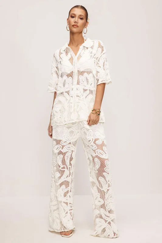 Knit Hollw Out V-Neck Short Sleeve Top And Wide Leg Pants Set sold by Micas