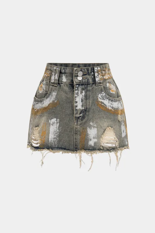 Denim Asymmetrical Frayed Embroidery Low Waist Skirt made by Micas