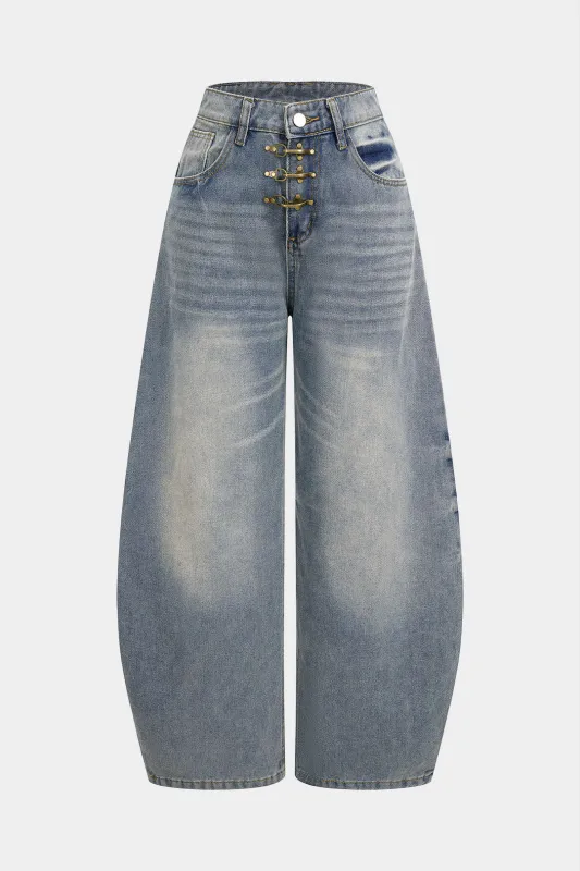 Denim Metallic Buckle Wide Leg Jeans sold by Micas
