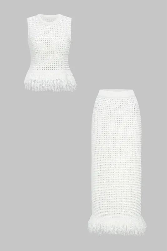 Knit Round Neck Fringe Hollow Out Tank Top And High Waist Skirt Set sold by Micas
