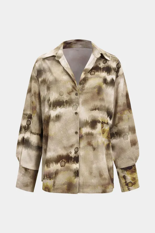 Tie Dye Print Satin Button Long-Sleeve Top sold by Micas
