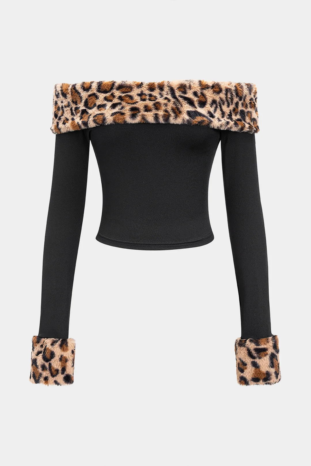 Leopard Print Off Shoulder Patchwork Long-Sleeve Top sold by Micas