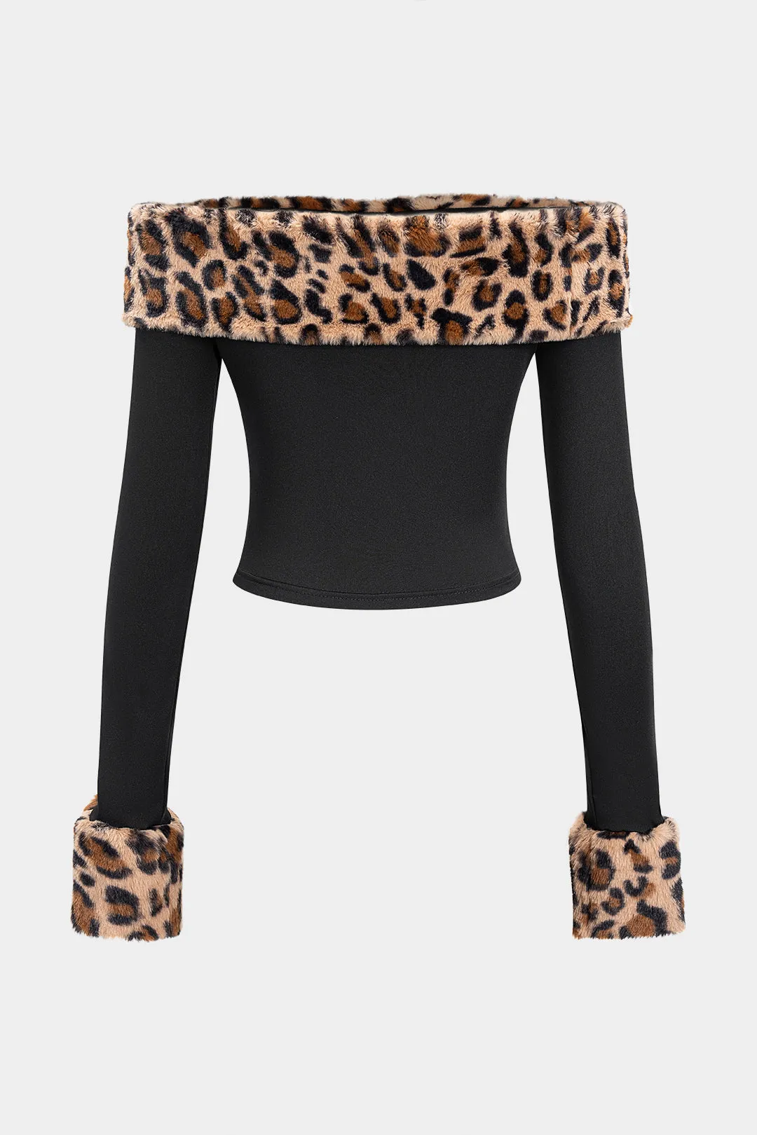 Leopard Print Off Shoulder Patchwork Long-Sleeve Top sold by Micas product image thumbnail 2
