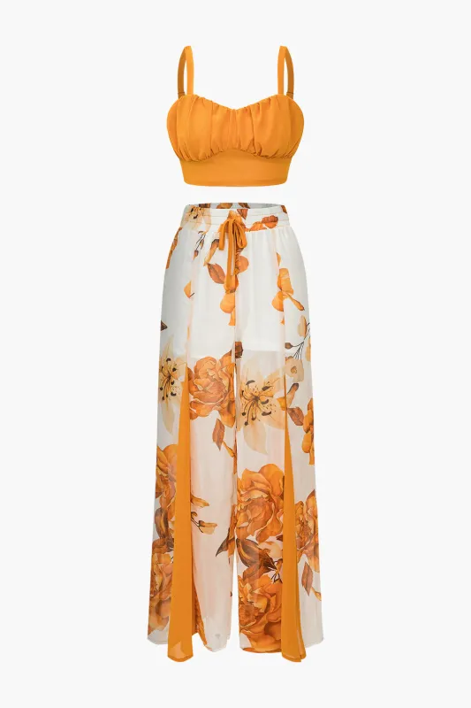 Chiffon Floral Print  Pleated Cami Camisole And Wide Leg Pants Set sold by Micas