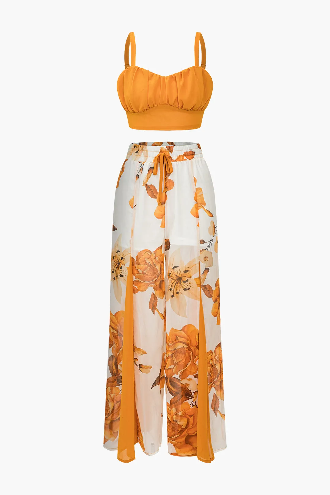 Chiffon Floral Print Pleated Cami Camisole And Wide Leg Pants Set sold by Micas