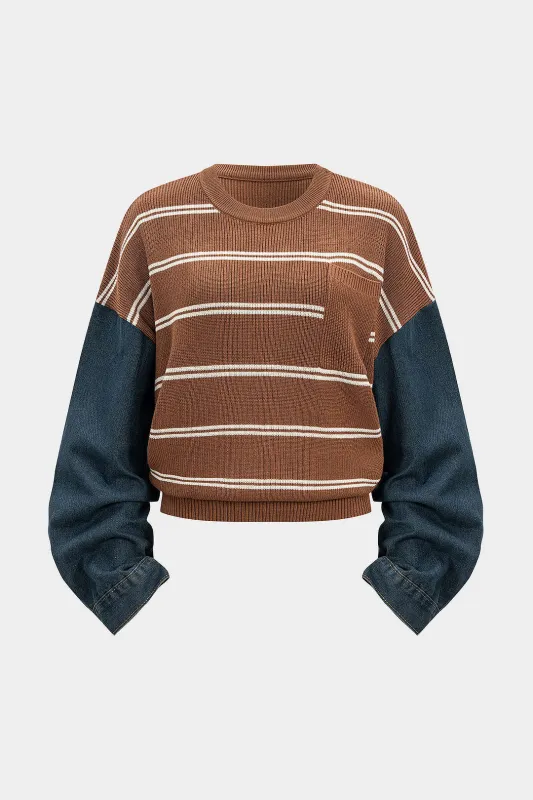 Knit Contrast Stripe Print Patchwork Long-Sleeve Top sold by Micas