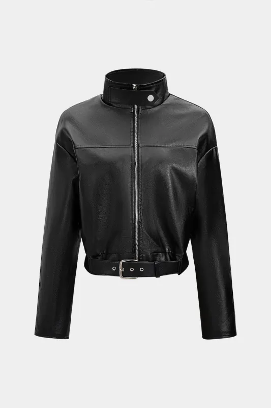 Faux Leather Zipper Cropped Jacket sold by Micas