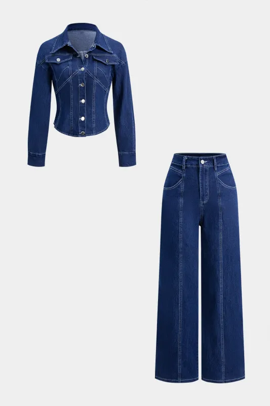 Denim Button Long-Sleeve Top And Wide Leg Pants Suit sold by Micas