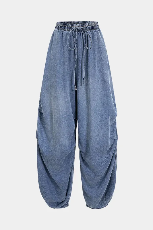 Denim Drawstring Wide Leg Ruched Jeans made by Micas
