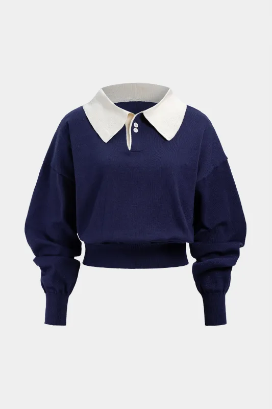 Knit Contrast Lapel Button Long-Sleeve Top sold by Micas