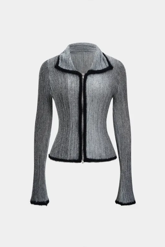 Knit Patchwork Collar Zipper Long-Sleeve Top sold by Micas