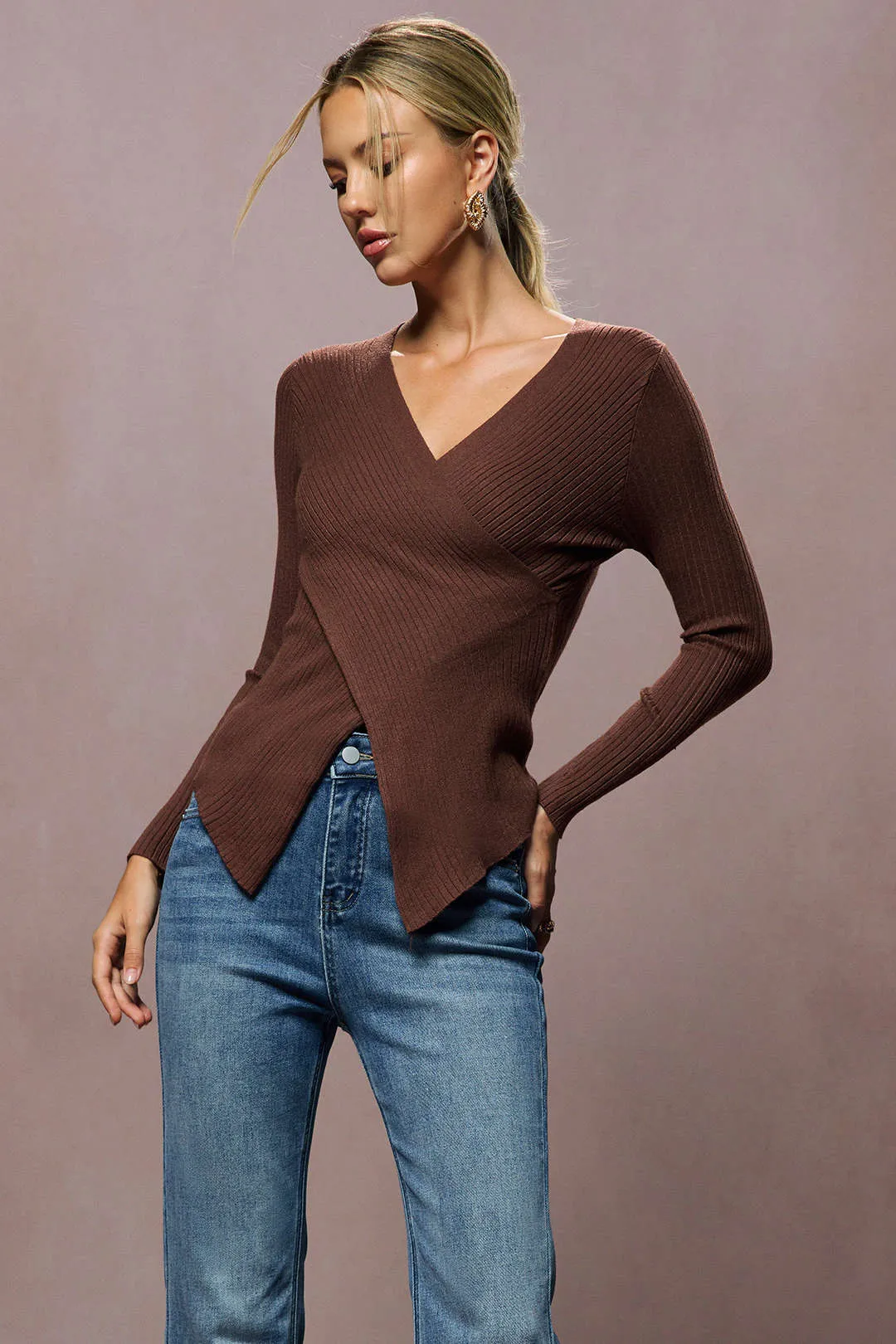 Knit Crossed V-Neck Long-Sleeve Top sold by Micas