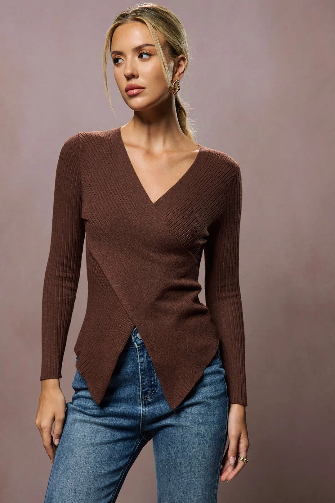 Knit Crossed V-Neck Long-Sleeve Top sold by Micas product image thumbnail 4