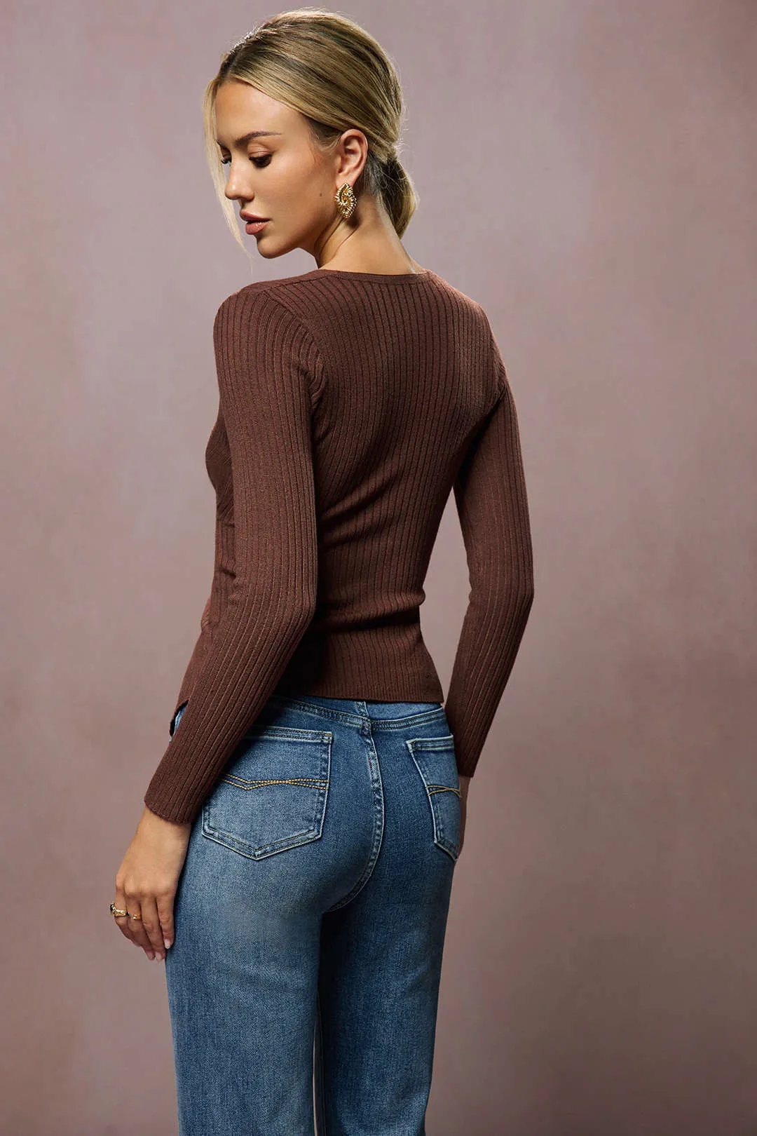 Knit Crossed V-Neck Long-Sleeve Top sold by Micas product image thumbnail 3
