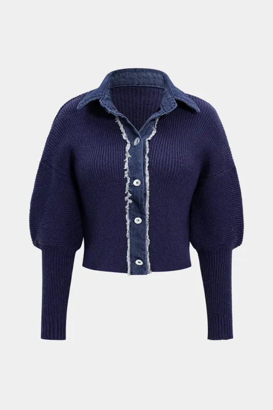 Knit Patchwork Frayed Button Long-Sleeve Top sold by Micas