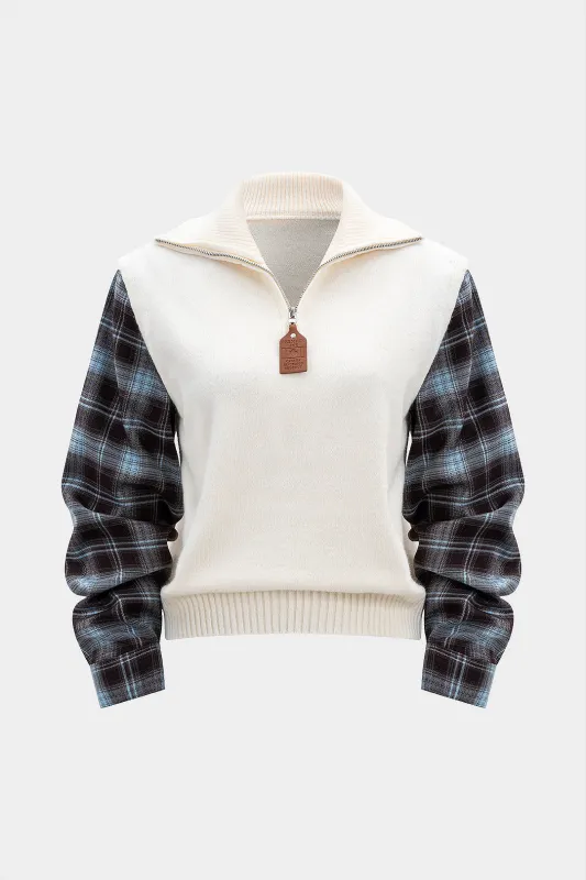 Knit Plaid Print Patchwork Zipper Long-Sleeve Top sold by Micas