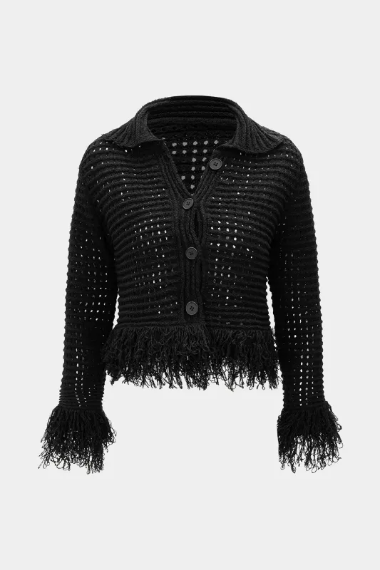 Knit Fringe Cut Out Long-Sleeve Top sold by Micas
