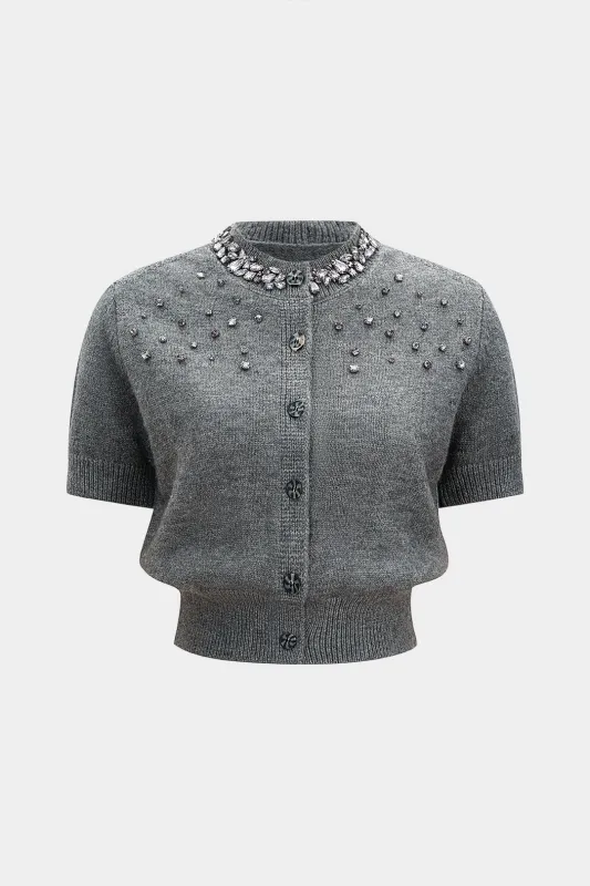 Knit Rhinestone Decor Round Neck Button Short-Sleeve Top sold by Micas