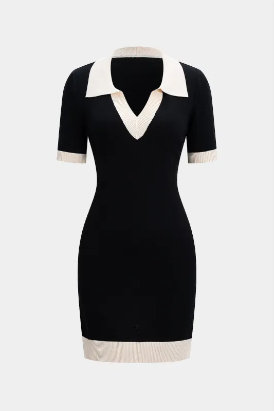 Knit Contrast Binding V-Neck Short Sleeve Dress sold by Micas