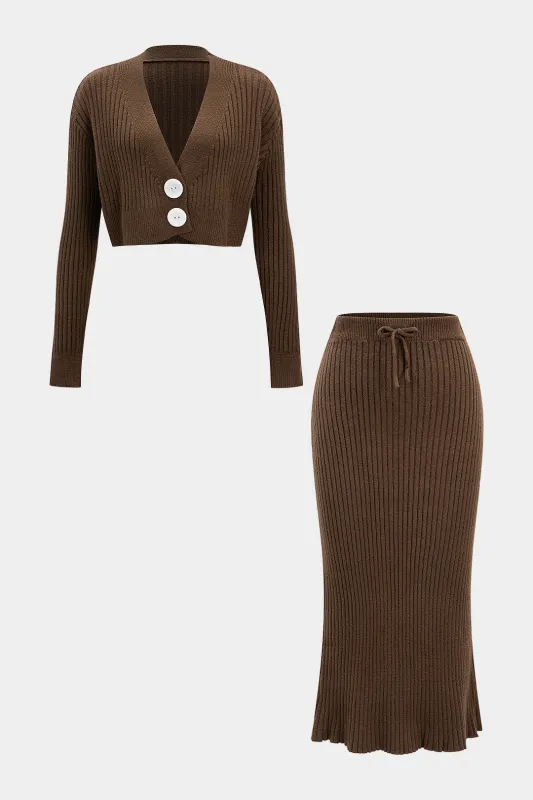 Knit V-Neck Long-Sleeve Top And Bow Skirt Set sold by Micas