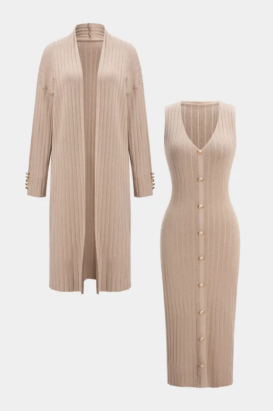 Knit Solid Long Cardigan And V-Neck Sleeveless Dress Set sold by Micas
