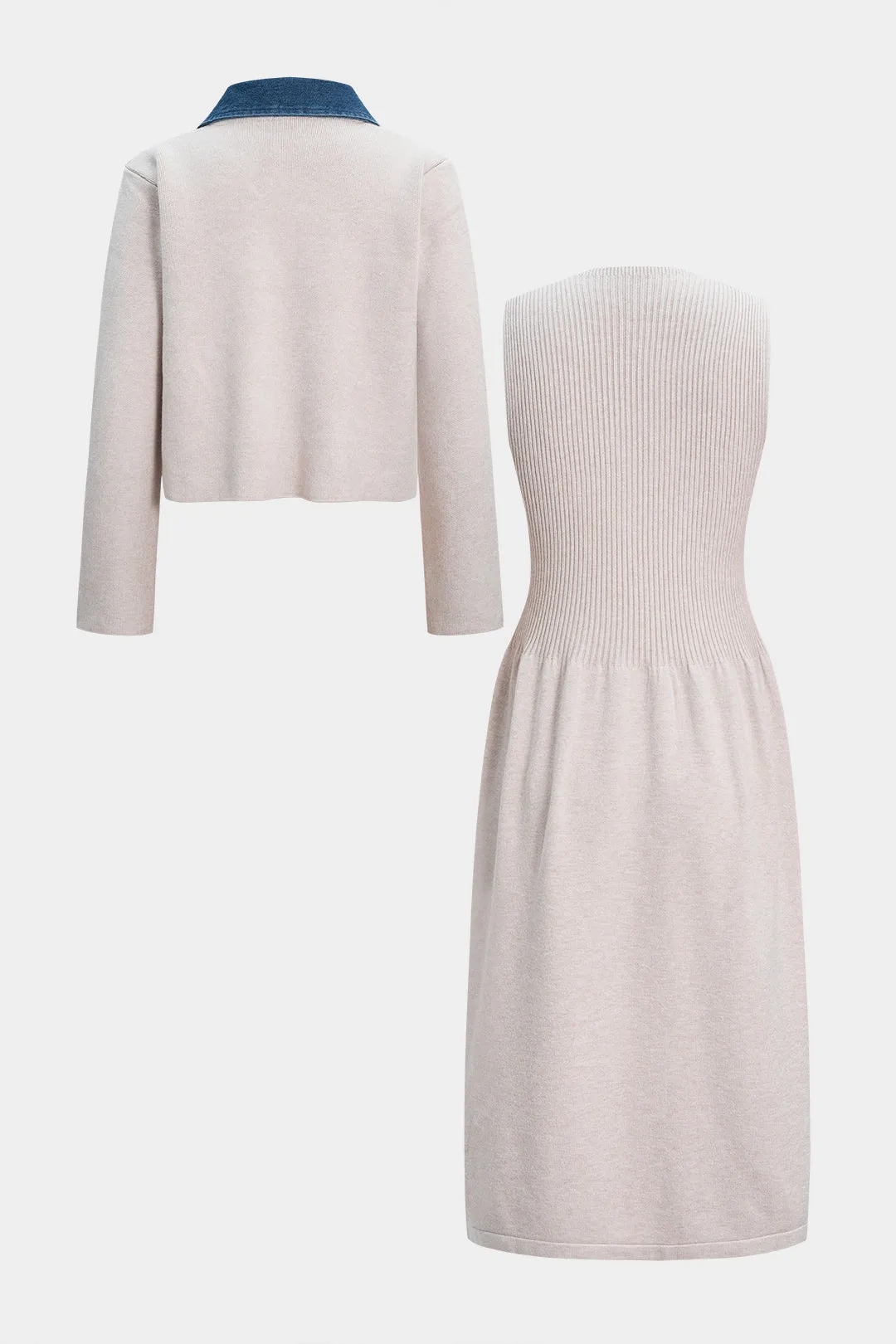 Knit Patchwork Button Cardigan And Ribbed Sleeveless Dress Set sold by Micas product image thumbnail 2