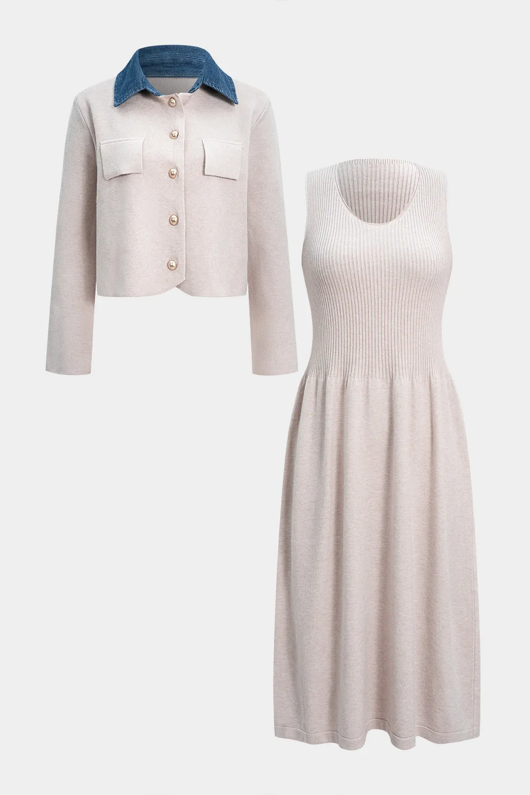 Knit Patchwork Button Cardigan And Ribbed Sleeveless Dress Set sold by Micas