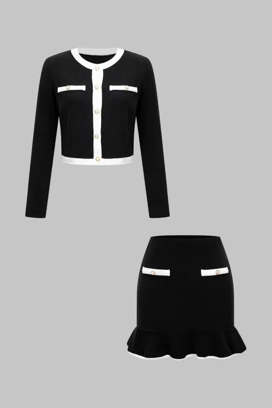 Knit Contrast Binding Button Long-Sleeve Top And Ruffle Mini Skirt Set sold by Micas