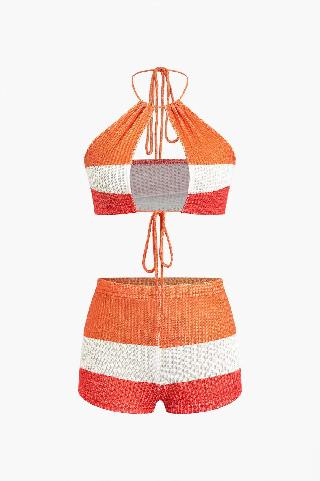Knit Contrast Halter Neck Tie-Up Cami Top And Shorts Set sold by Micas