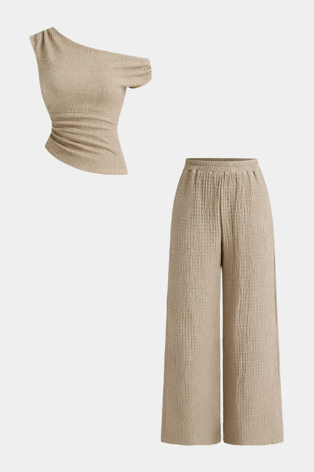 Textured One-Shoulder Ruched Top And Elastic Waistband Wide-Leg Pants Set sold by Micas