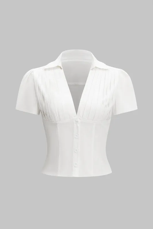 V-Neck Pleated Button Short-Sleeve Shirt sold by Micas