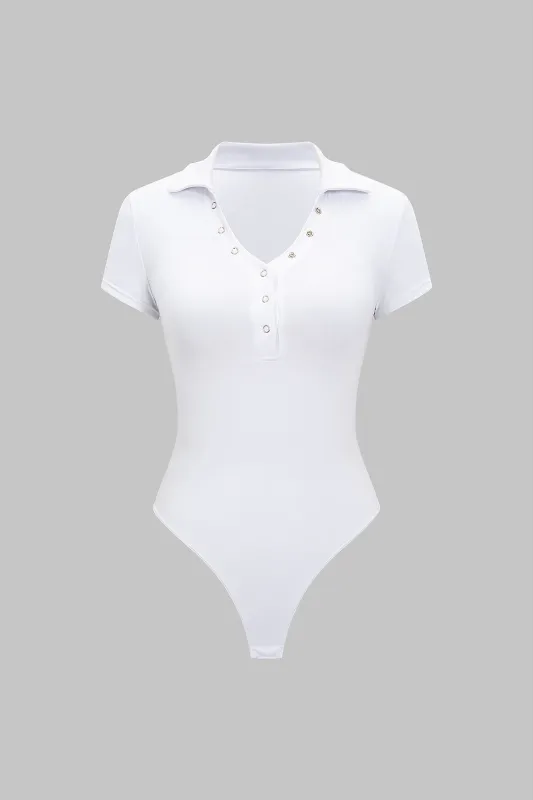Solid Button Short Sleeve Bodysuit made by Micas