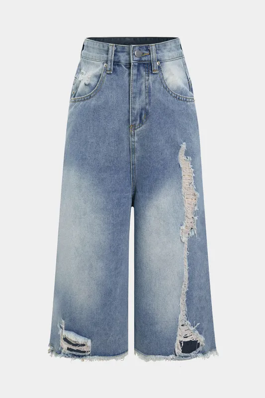 Denim Ripped High Waist Wide Leg Shorts sold by Micas