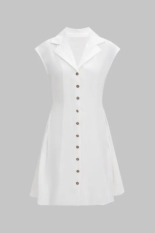 Solid V-Neck Button Pleated Short Sleeve Mini Dress made by Micas