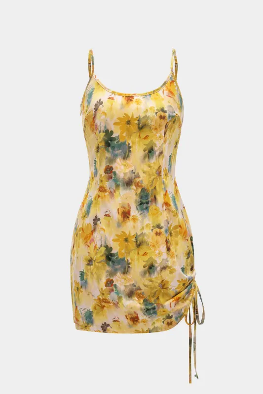 Floral Print Tie Side Ruched Sleeveless Mini Dress sold by Micas