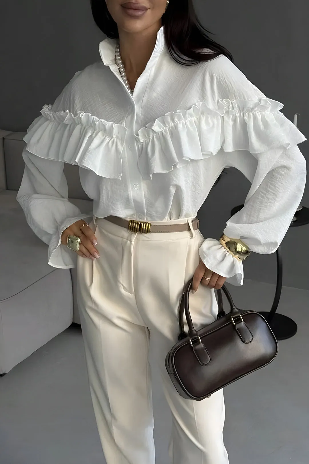 Solid Ruffle Long-Sleeve Shirt sold by Micas