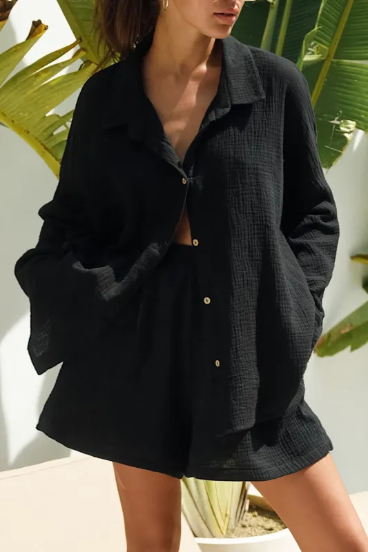 Button Long Sleeve Lapel Shirt And High Waist Wide Leg Shorts Set sold by Micas