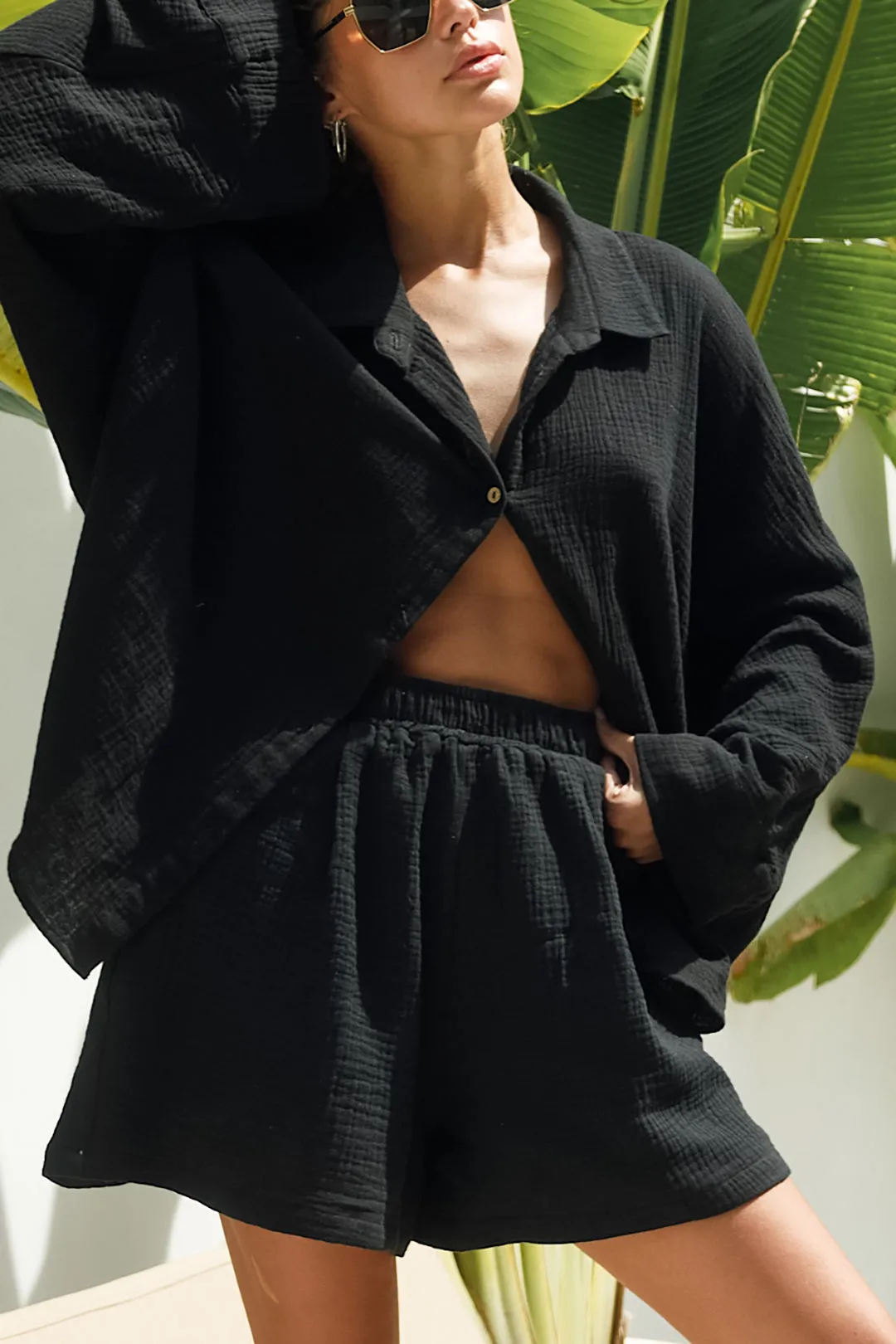 Button Long Sleeve Lapel Shirt And High Waist Wide Leg Shorts Set sold by Micas product image thumbnail 3