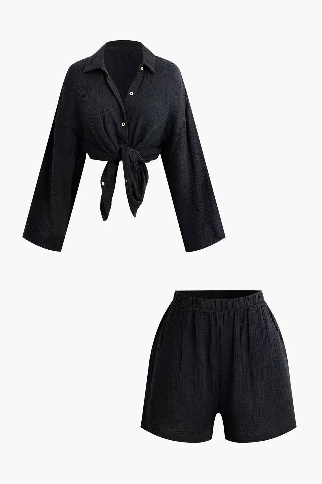 Button Long Sleeve Lapel Shirt And High Waist Wide Leg Shorts Set sold by Micas product image thumbnail 4