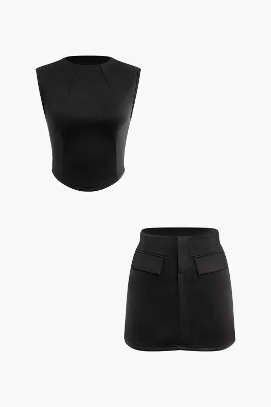 Solid Cami Top And Fake Pockets Skirt Set sold by Micas