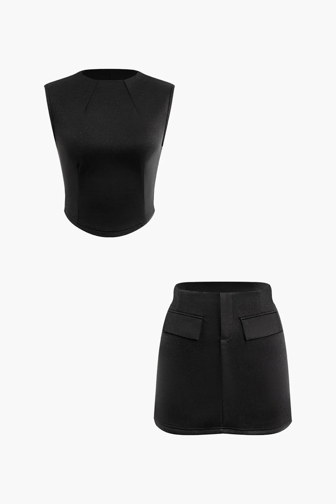 Solid Cami Top And Fake Pockets Skirt Set sold by Micas