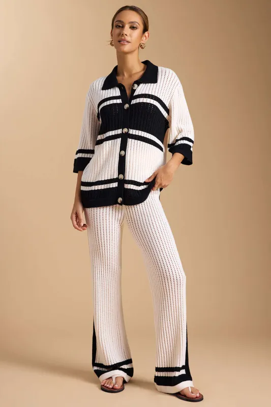 Knit Contrast Hollow Out Lapel Top And Drawstring Wide Leg Pants Set sold by Micas