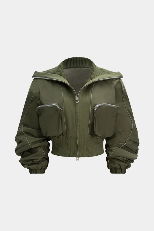 Patchwork Zipper Pocket Ribbed Ruched Jacket made by Micas