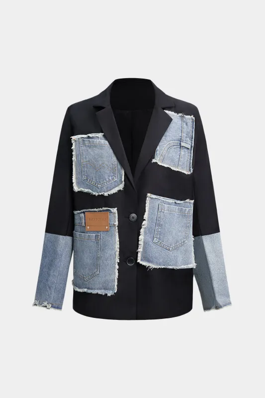 Patchwork Denim Button Lapel Blazer sold by Micas