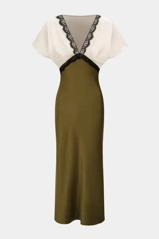 Contrast Satin Patchwork Lace Trim V-Neck Short Sleeve Midi Dress sold by Micas