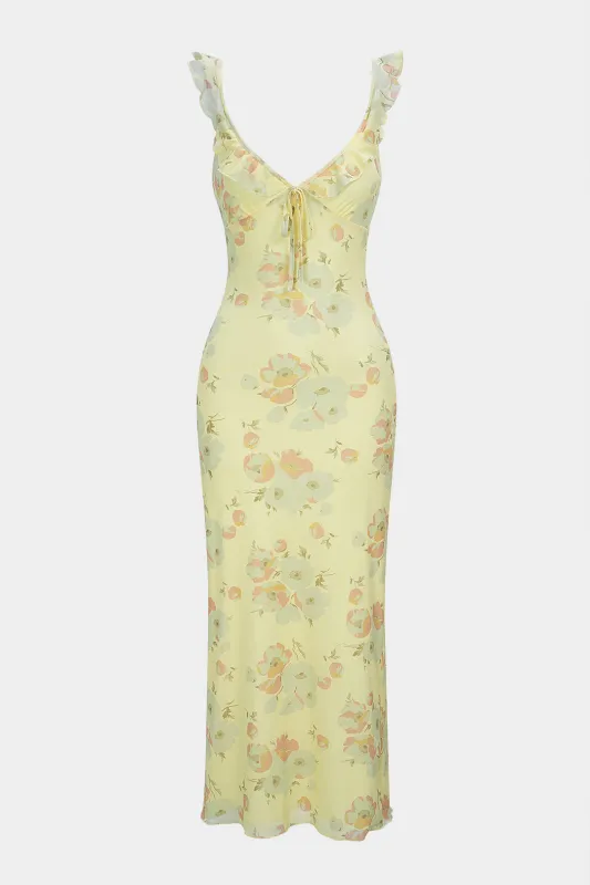 Floral Print V-Neck Tie-Up Ruffle Sleeveless Maxi Dress sold by Micas