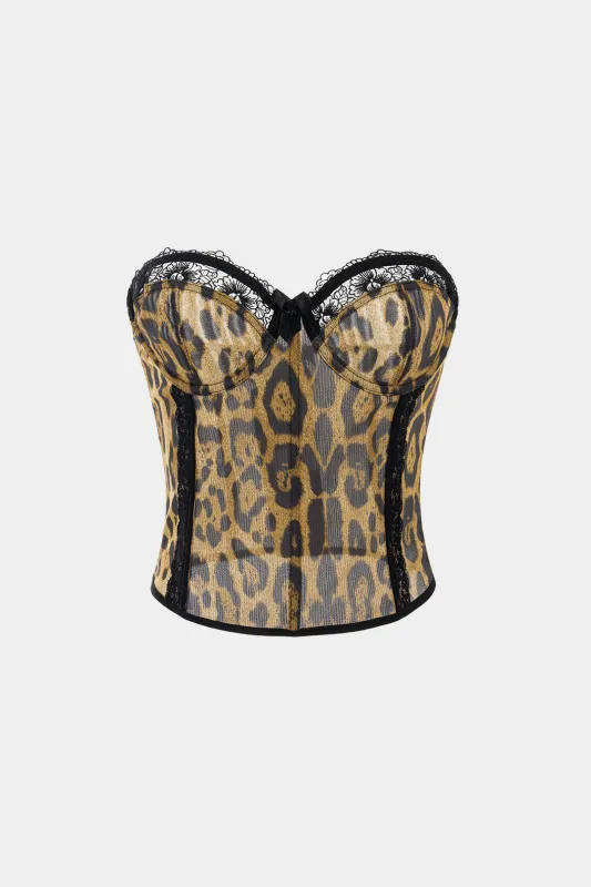 Leopard Print Lace Trim Bow Corset Tube Top made by Micas